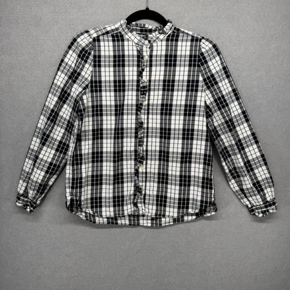 Loft  Shirt‎ Womens Size XSP Black White Ruffle Neck Blouse Office Dark Academia